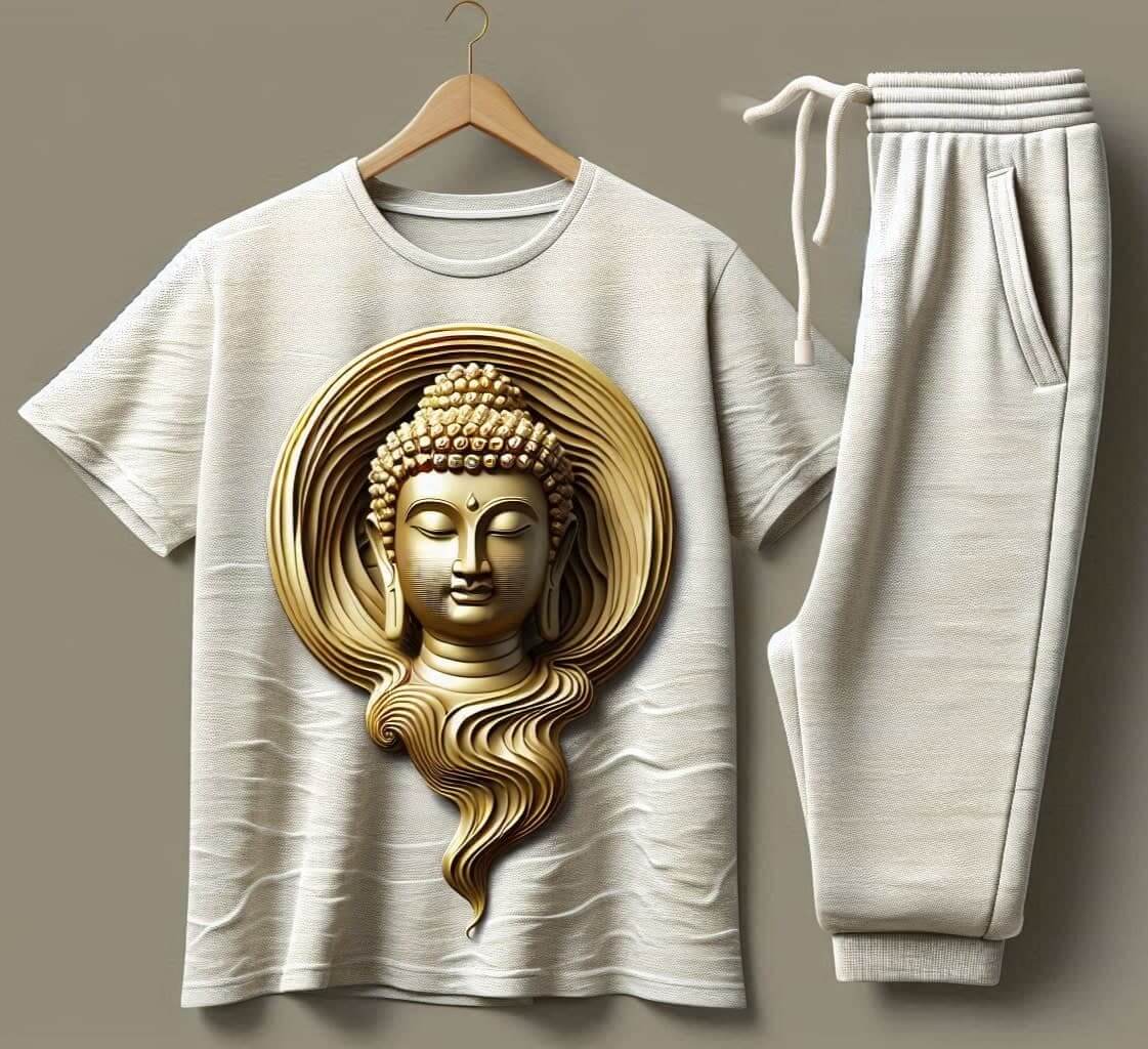 Artistic Buddha White T-Shirt with Grey Trackpant Tracksuit Set